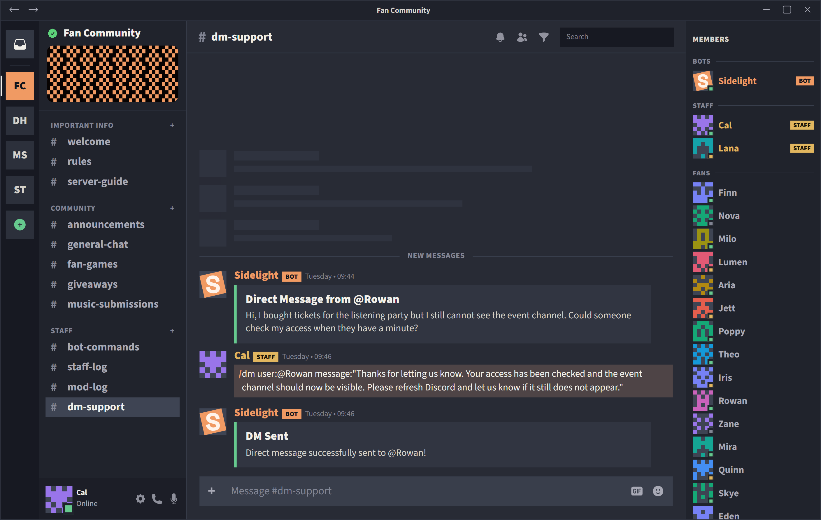Discord channel showing a Sidelight DM forwarding scenario.