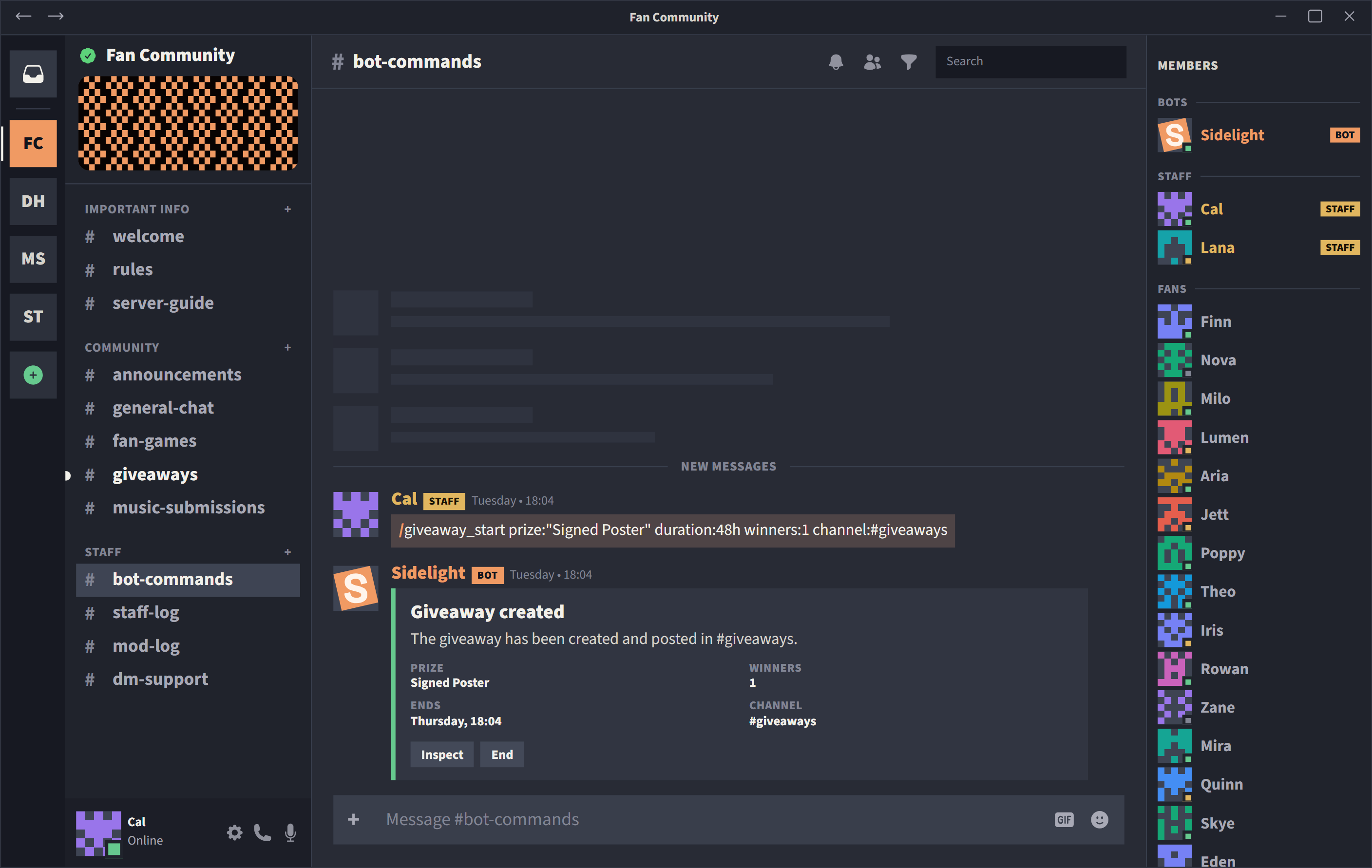 Staff command channel showing a giveaway being created by Sidelight.