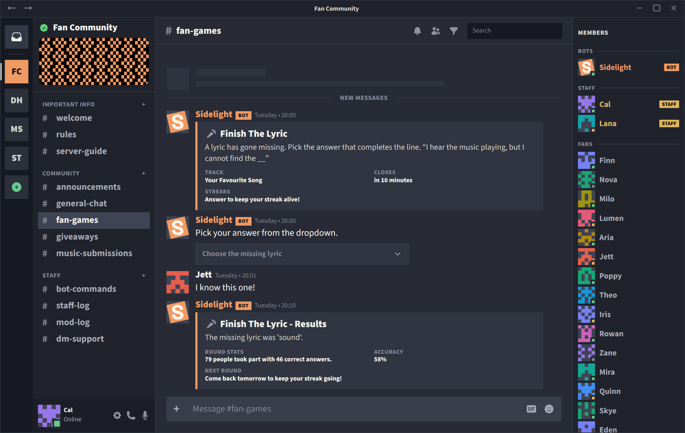 Discord channel showing a Sidelight lyric quiz round with answer buttons.