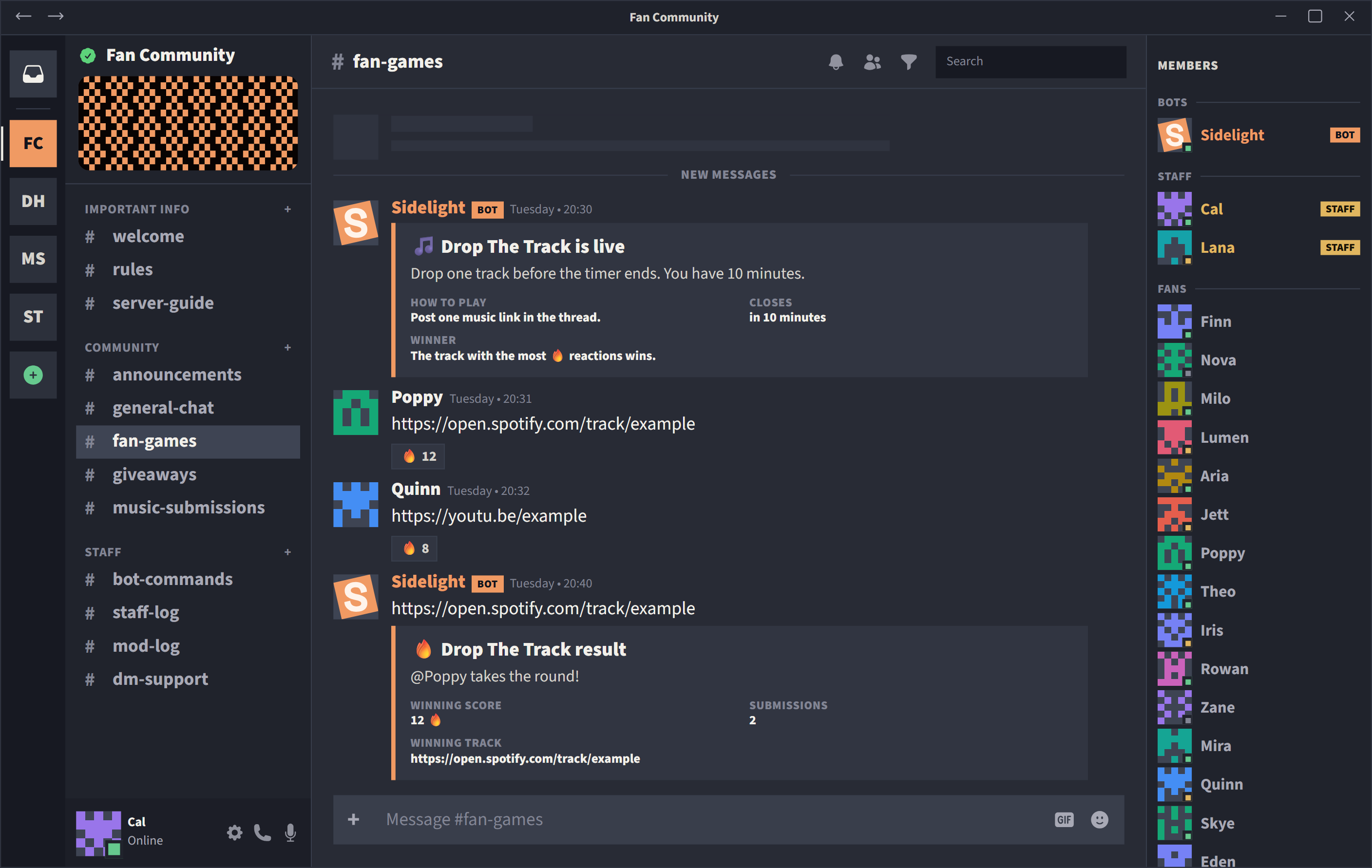 Discord channel showing a Sidelight music submission round.
